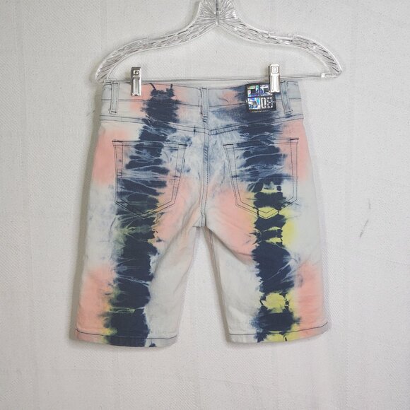 Demolition Acid Wash Tie Dye Pink Blue Yellow Stretch Cotton Denim Shorts Sz 10 - Picture 10 of 16